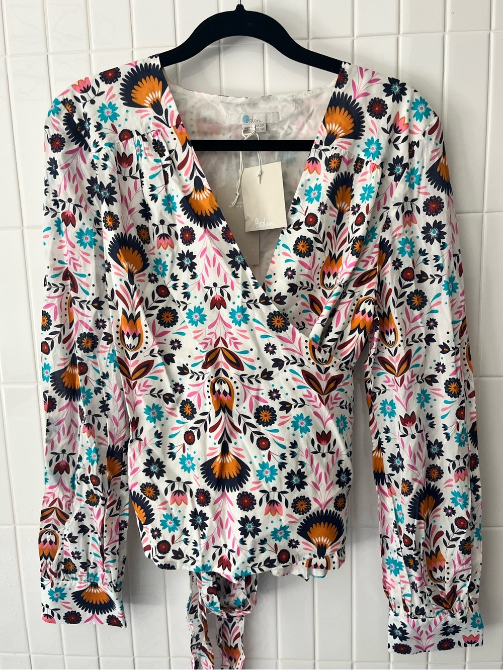 Boden Cream Floral Wrap Top Tie Waist NWT US 16
